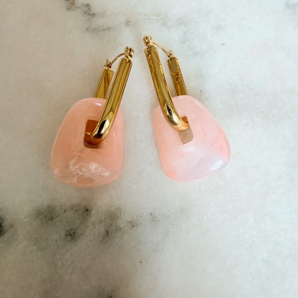 Gold Dipped Peach Pink Blush Marbled Resin Geometric Drop Hoop Earrings